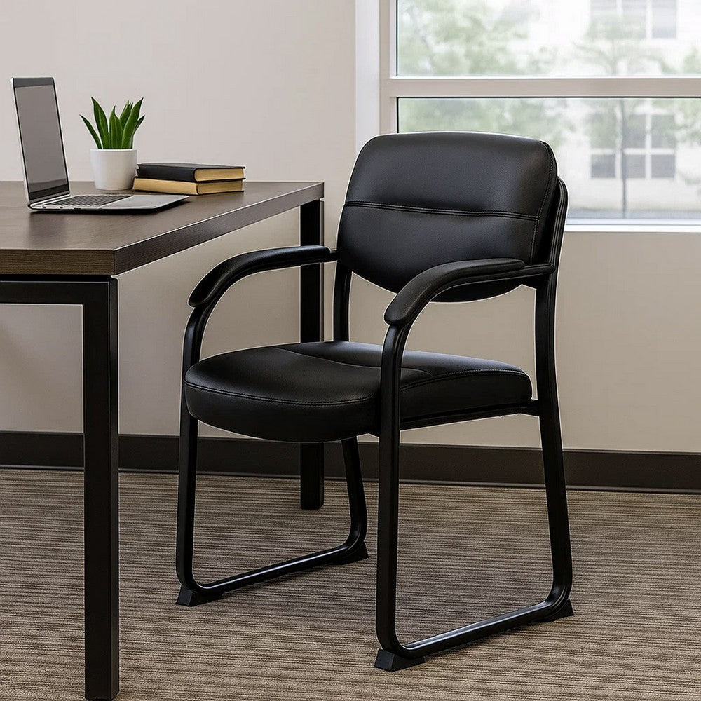 Eva Reception Armchair | Sled Base | Curved Steel Arms | Black Faux Leather