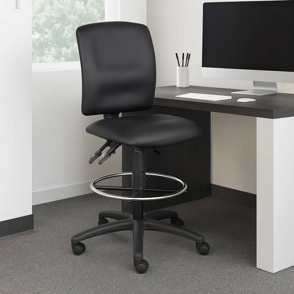 Reza Swivel Drafting Stool | Footring | Black Faux Leather | Contoured BM344525