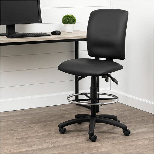 Reza Swivel Drafting Stool | Footring | Black Faux Leather | Contoured BM344525