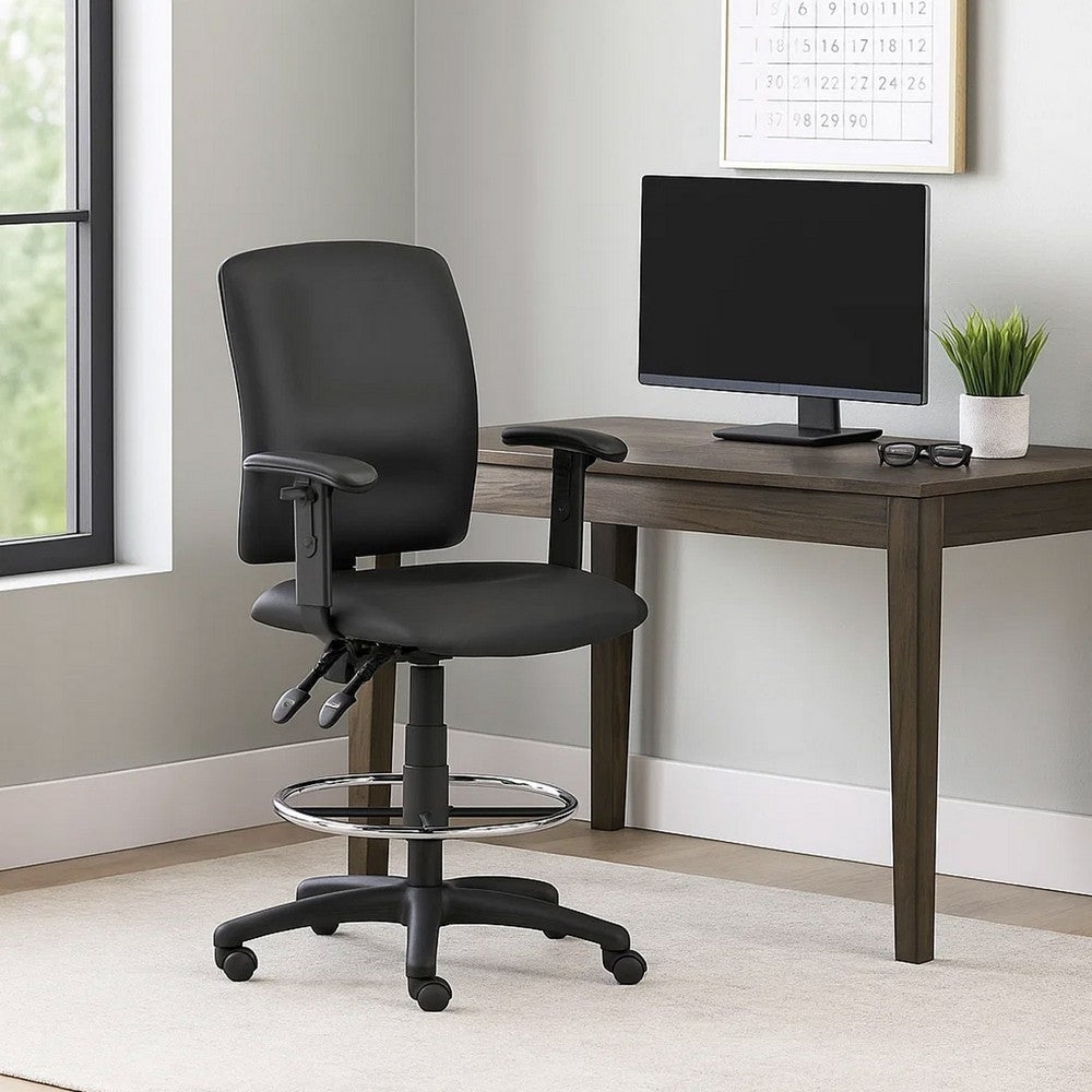 Reza Swivel Drafting Stool | Adjustable Arms | Footring | Black Faux Leather BM344526
