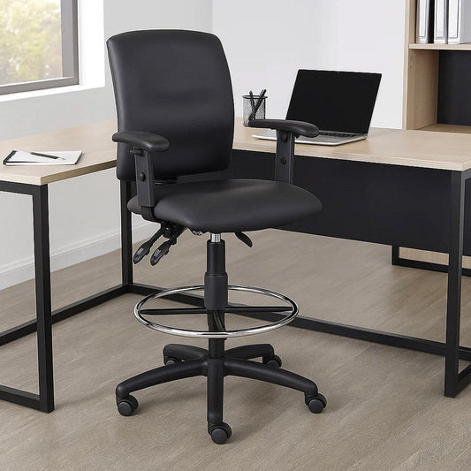 Reza Swivel Drafting Stool | Adjustable Arms | Footring | Black Faux Leather BM344526