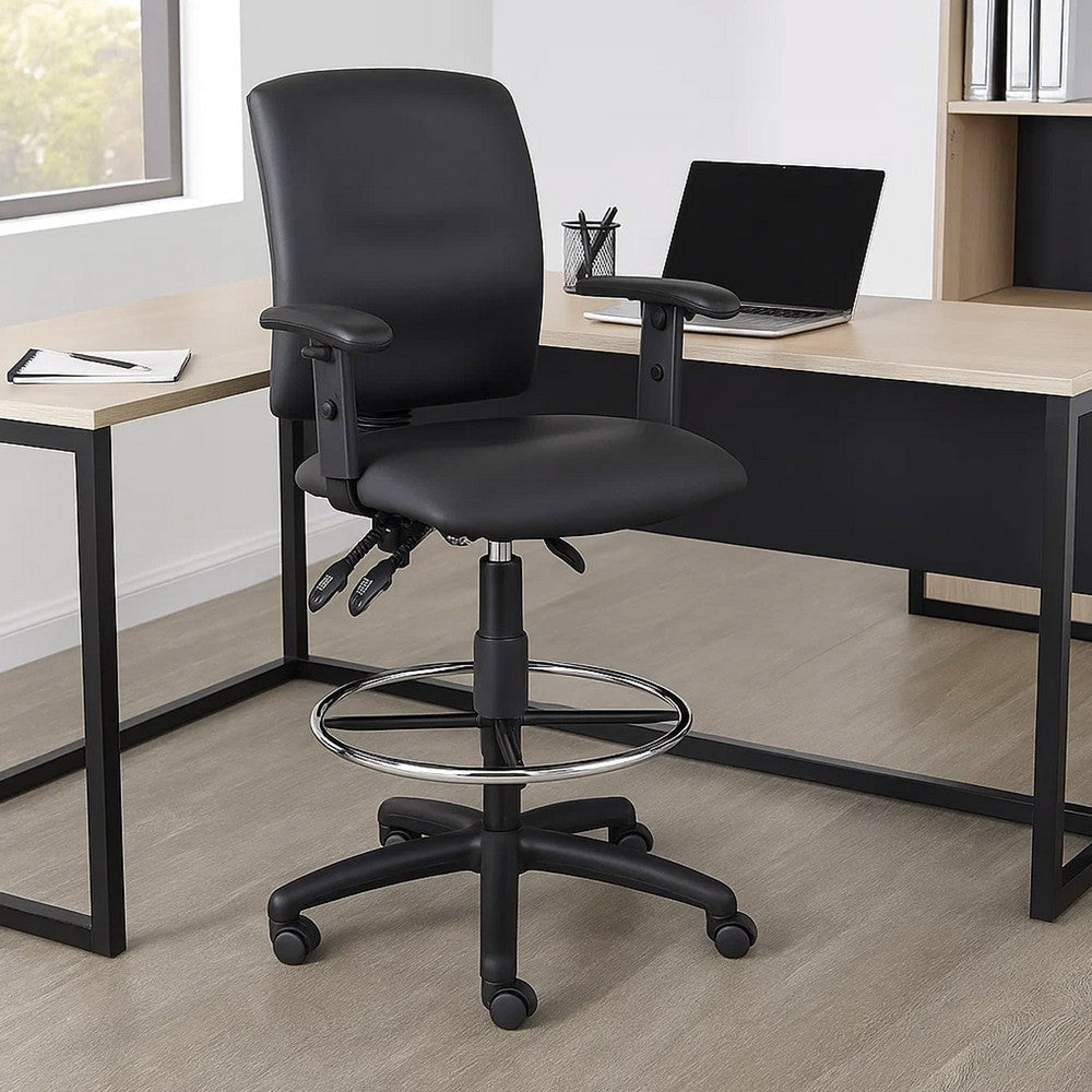 Reza Swivel Drafting Stool | Adjustable Arms | Footring | Black Faux Leather