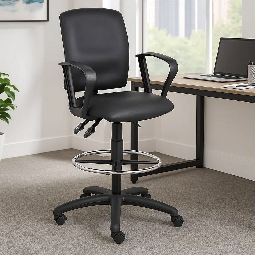 Reza Rolling Drafting Armchair | Footring | Black Faux Leather | Swivel