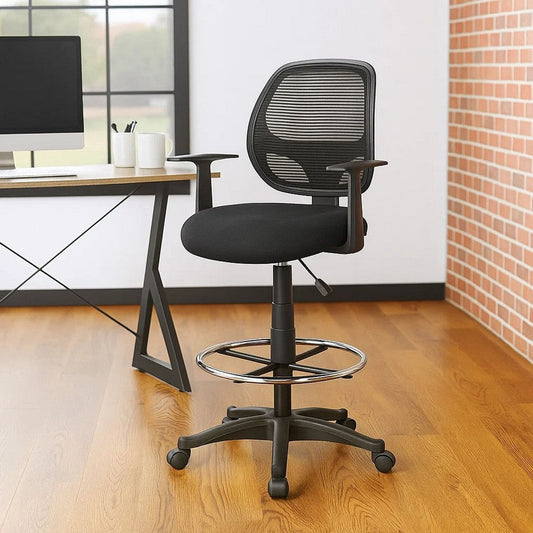 Lem Swivel Office Stool w T Arms | Footring | Black Linear Mesh Back BM344529