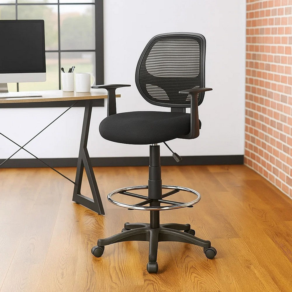 Lem Swivel Office Stool w T Arms | Footring | Black Linear Mesh Back