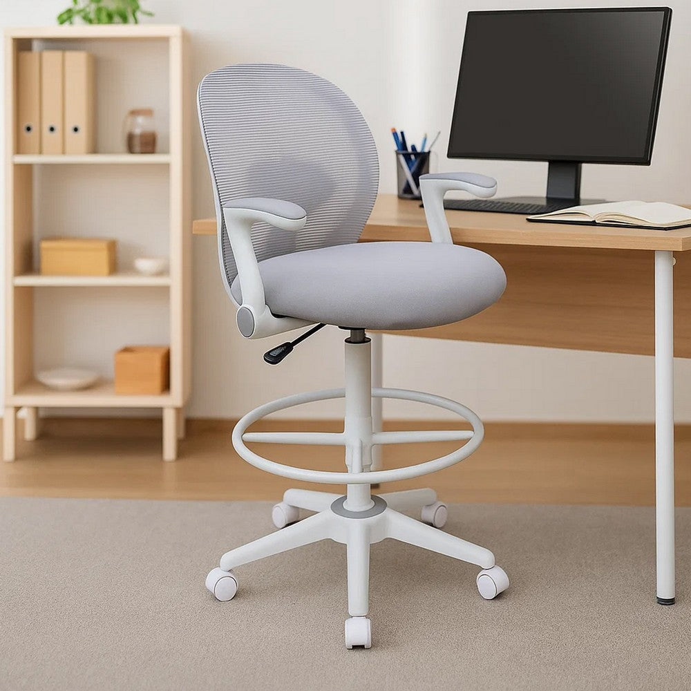 Swivel Office Stool | Flip-Up Arms & White Footring | Gray Mesh Back BM344530