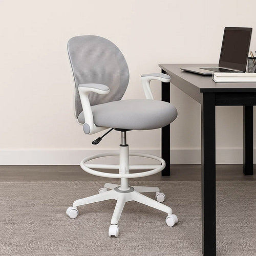 Swivel Office Stool | Flip-Up Arms & White Footring | Gray Mesh Back BM344530