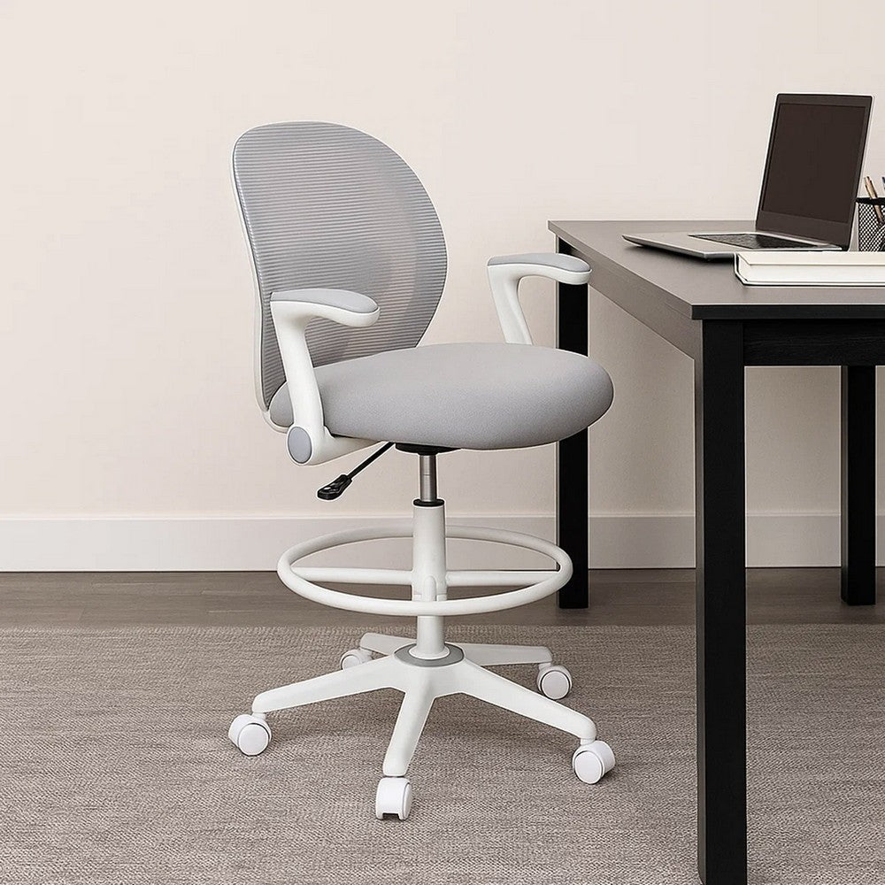 Swivel Office Stool | Flip-Up Arms & White Footring | Gray Mesh Back