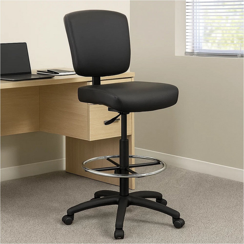 Hya Heavy Duty Swivel Office Stool w Footring | Black Cushions
