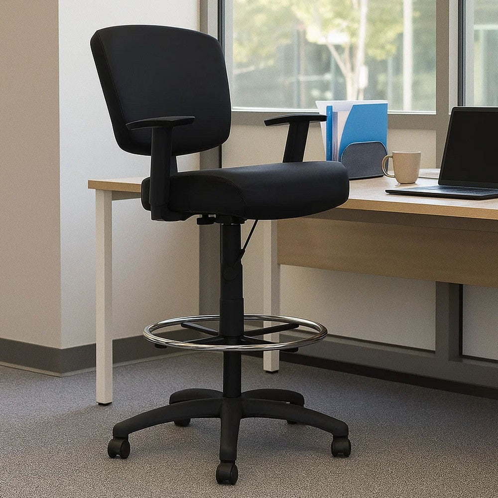 Hya Heavy Duty Swivel Office Stool | Footring & Adjustable Arms | Black