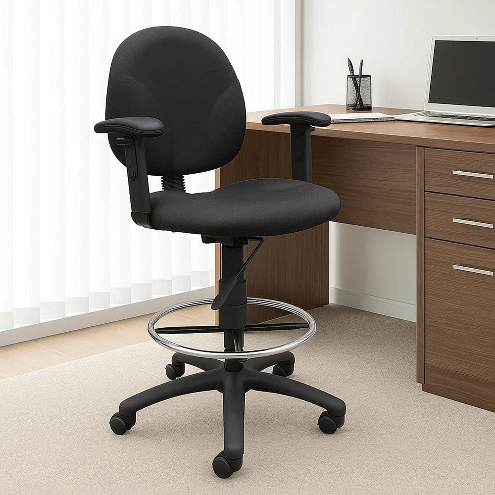 Zem Drafting Stool w Adjustable Arms & Chrome Footring | Black Crepe BM344535