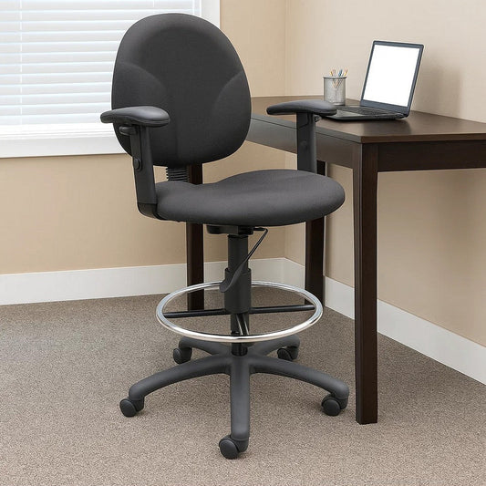 Zem Drafting Stool w Adjustable Arms & Chrome Footring | Black Crepe BM344535