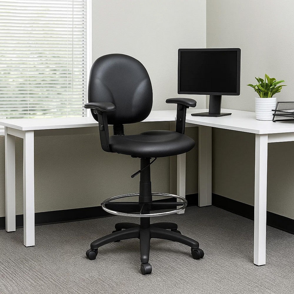 Zem Drafting Stool w Adjustable Arms & Chrome Footring | Black Vinyl BM344536