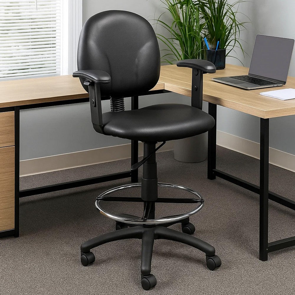 Zem Drafting Stool w Adjustable Arms & Chrome Footring | Black Vinyl