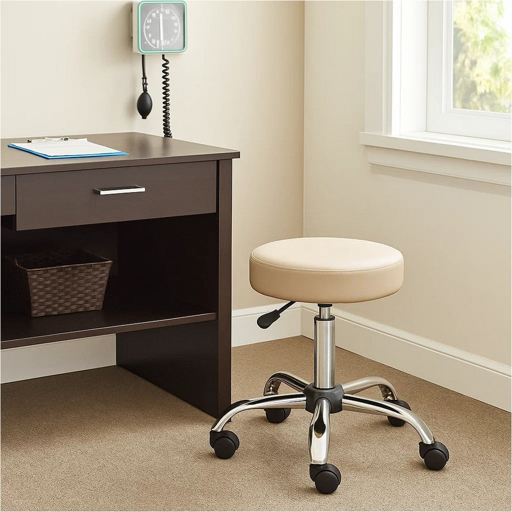Fea Medical Swivel Stool | Round Beige Padded Seat | Rolling Chrome Base