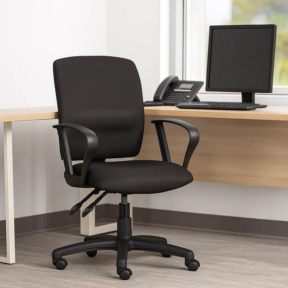 Zean Swivel Task Chair | Loops Arms | Black Crepe Fabric | Rolling BM344548