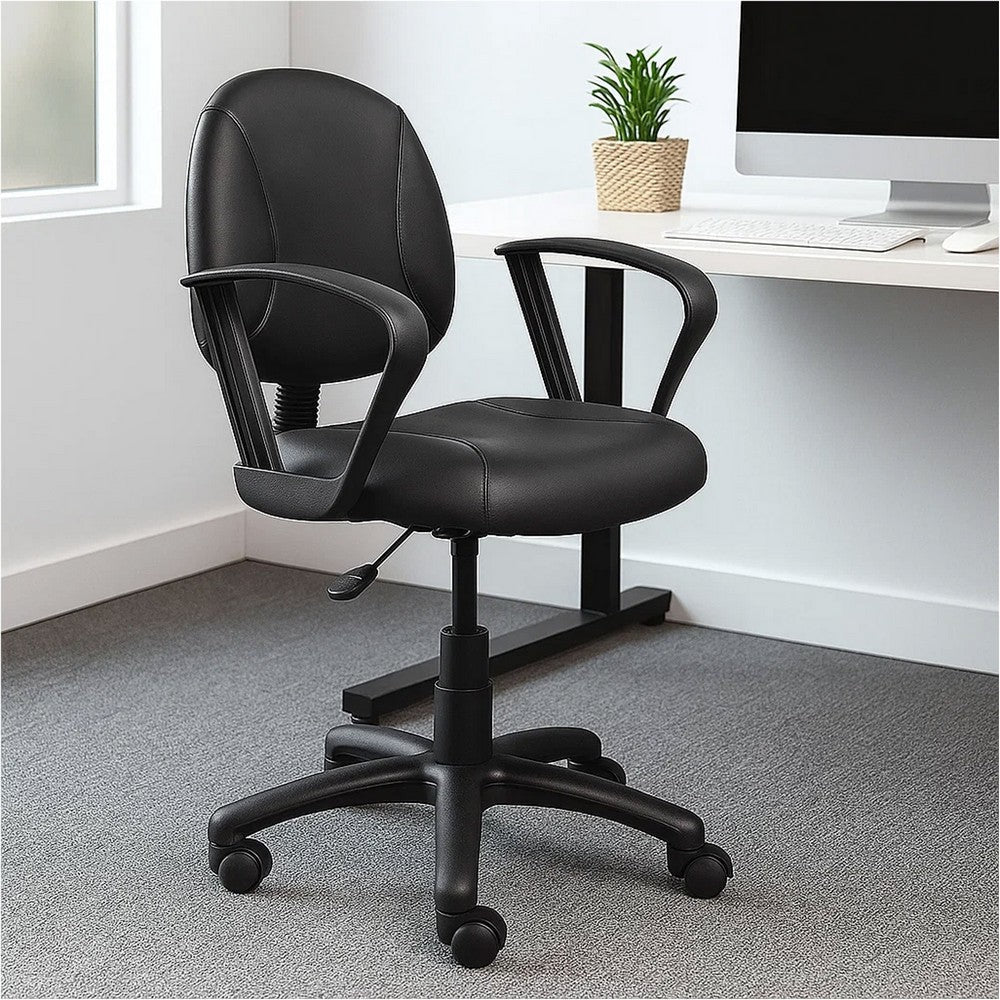 Wen Swivel Posture Chair | Loop Arms | Black Faux Leather Waterfall Seat