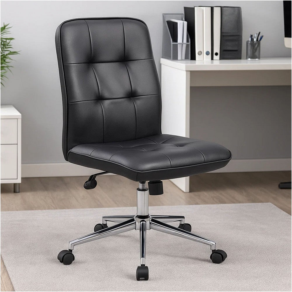 Sela Swivel Office Chair | Tufted Black Seat & Back | Chrome Base