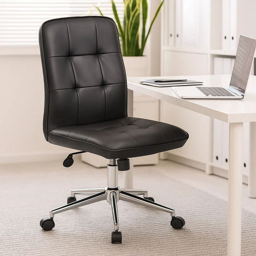 Sela Swivel Office Chair | Tufted Black Seat & Back | Chrome Base