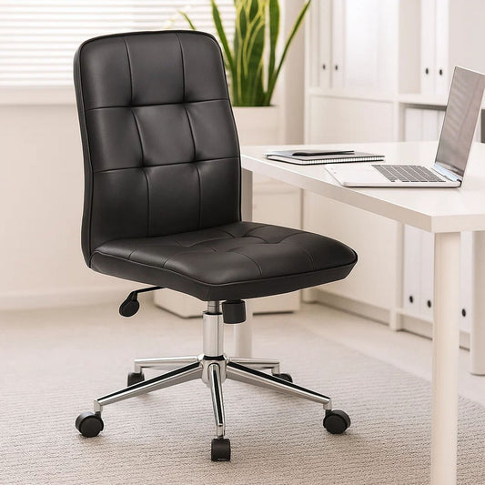 Sela Swivel Office Chair | Tufted Black Seat & Back | Chrome Base