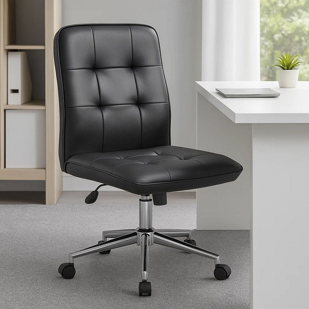 Sela Swivel Office Chair | Tufted Black Seat & Back | Chrome Base BM344564
