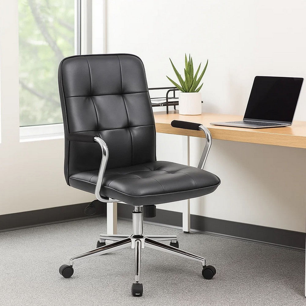 Sela Swivel Office Armchair | Tufted Black Seat & Back | Chrome Base BM344565