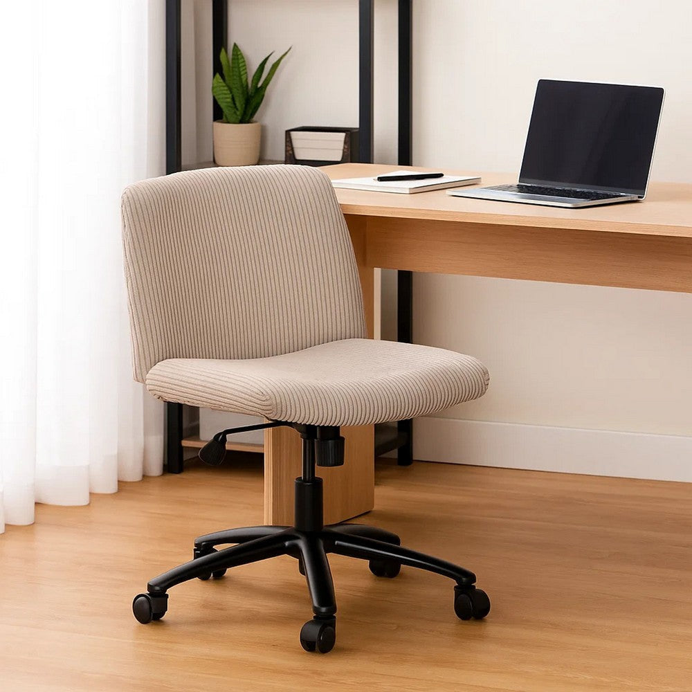Adjustable Swivel Task Chair on Caster Wheels | Beige Corduroy | Armless