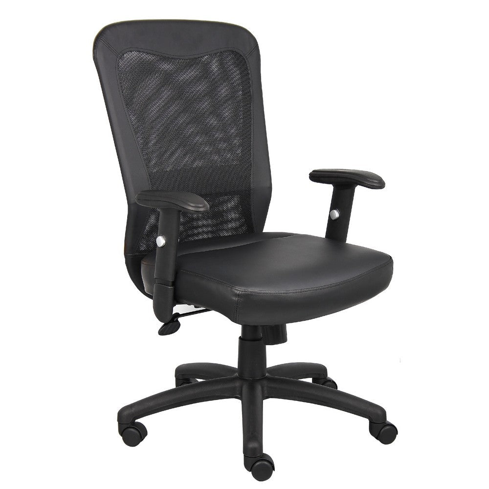 Rolling Task Chair | Black LeatherPlus Mesh | Adjustable Arms | Swivel BM344577
