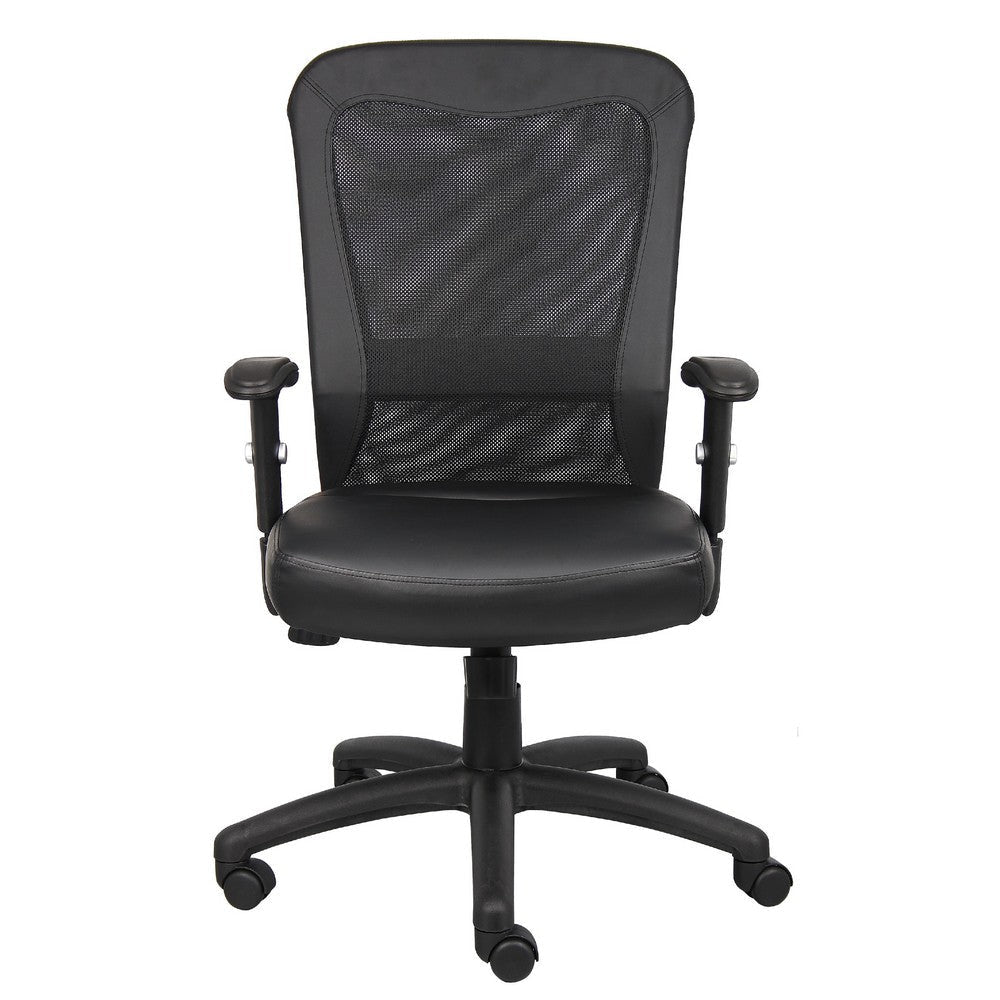 Rolling Task Chair | Black LeatherPlus Mesh | Adjustable Arms | Swivel BM344577
