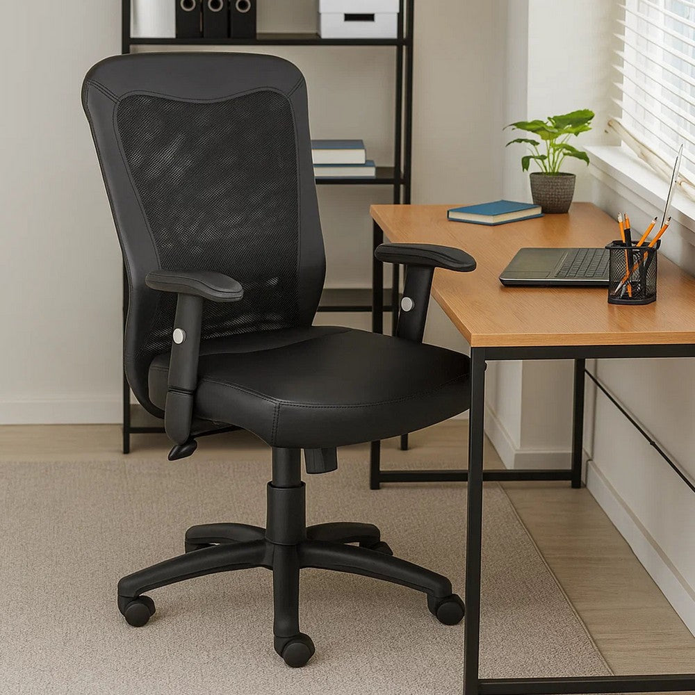 Rolling Task Chair | Black LeatherPlus Mesh | Adjustable Arms | Swivel BM344577
