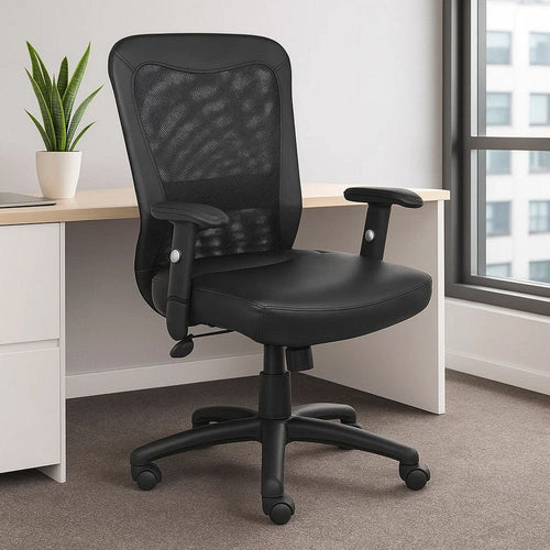 Rolling Task Chair | Black LeatherPlus Mesh | Adjustable Arms | Swivel BM344577