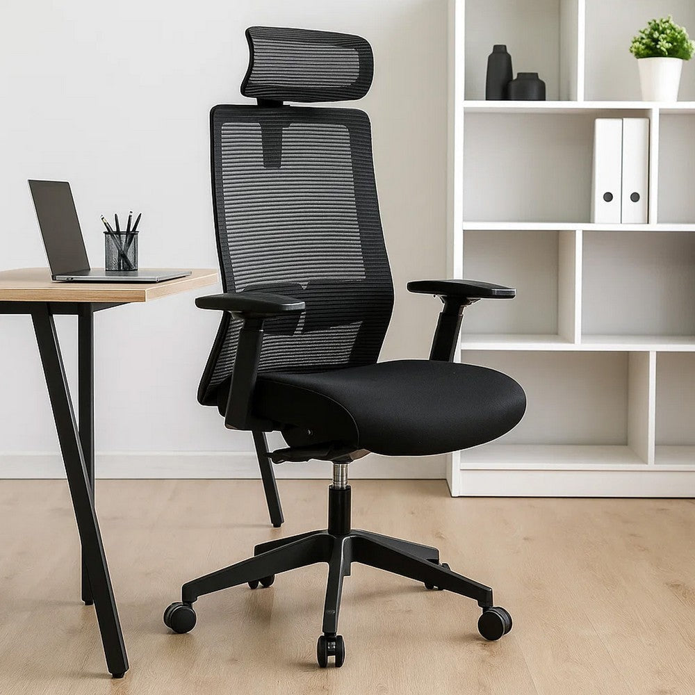 Rolling Office Chair w Headrest | Black Mesh | Foam | Swivel Seat BM344581