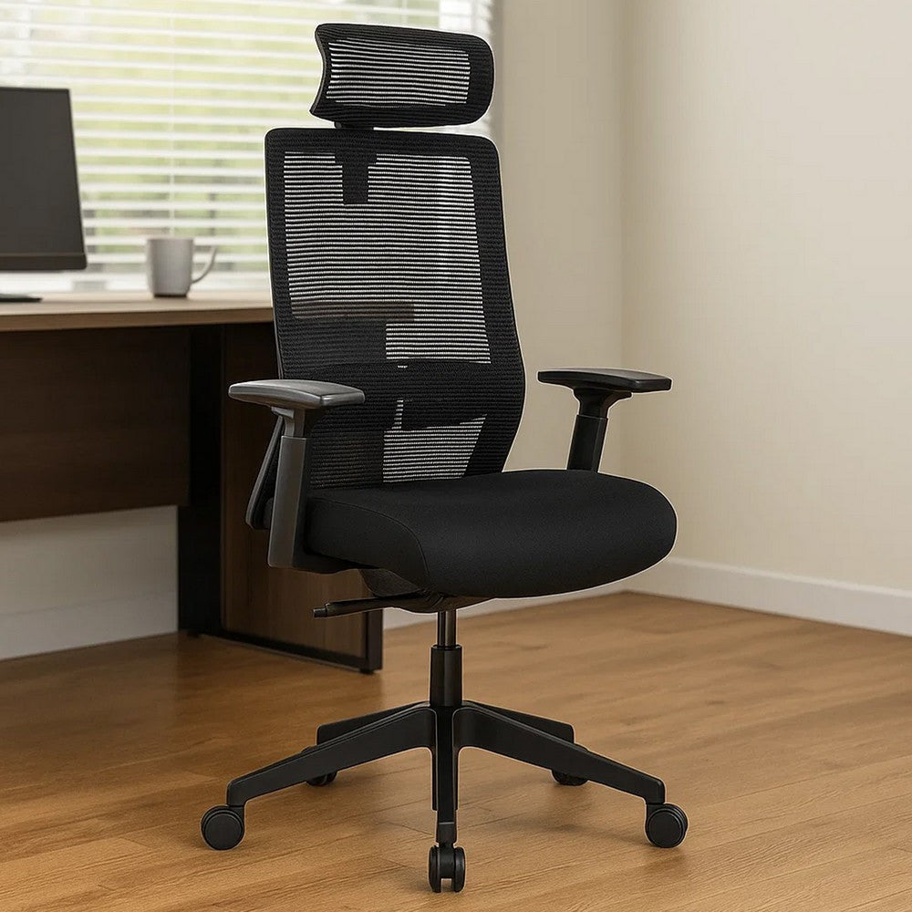 Rolling Office Chair w Headrest | Black Mesh | Foam | Swivel Seat