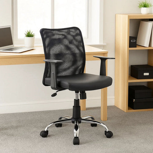 Lene Task Chair | T-Arms | Black Mesh & Caressoft Vinyl | Spring Tilt BM344589