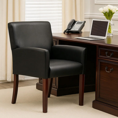 Nick Reception Guest Armchair | Soft Black Vinyl | Mahogany Brown Finish