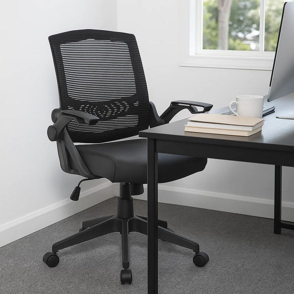 Rolling Task Chair w Flip Arms | Black Mesh & Vinyl | Adjustable BM344596
