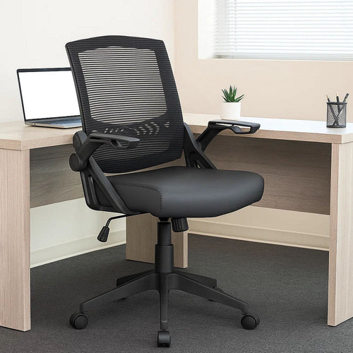Rolling Task Chair w Flip Arms | Black Mesh & Vinyl | Adjustable BM344596