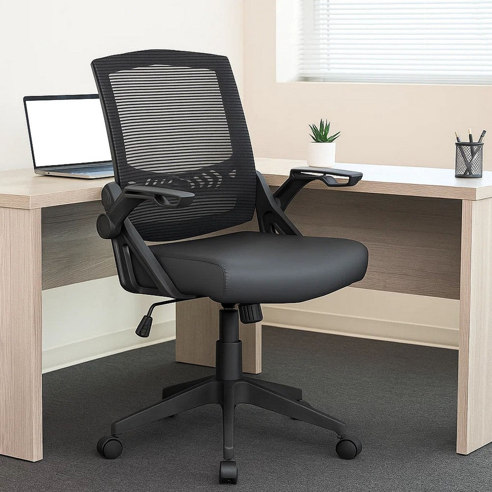Rolling Task Chair w Flip Arms | Black Mesh & Vinyl | Adjustable BM344596
