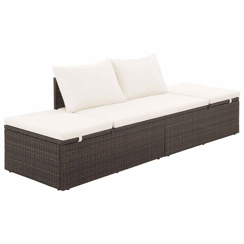 Outdoor Lounge Bed | Cream Cushions | Brown Faux Rattan | Steel | 77"