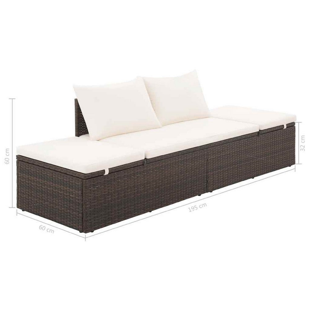Outdoor Lounge Bed | Cream Cushions | Brown Faux Rattan | Steel | 77"