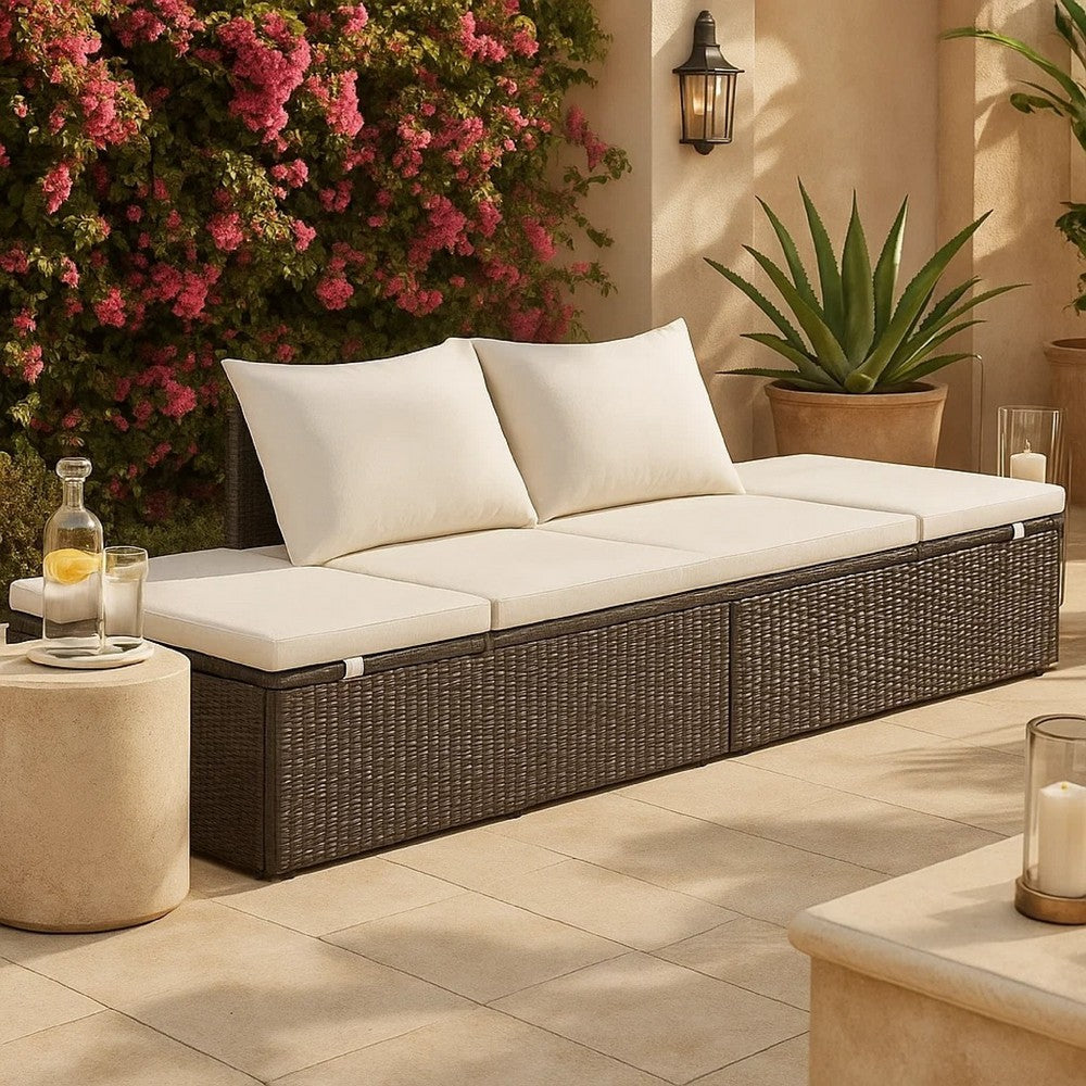 Outdoor Lounge Bed | Cream Cushions | Brown Faux Rattan | Steel | 77"