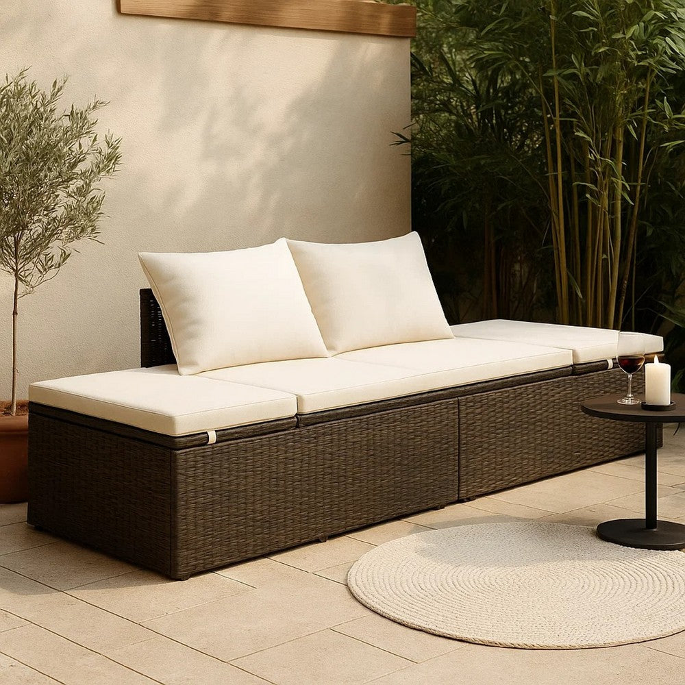 Outdoor Lounge Bed | Cream Cushions | Brown Faux Rattan | Steel | 77"