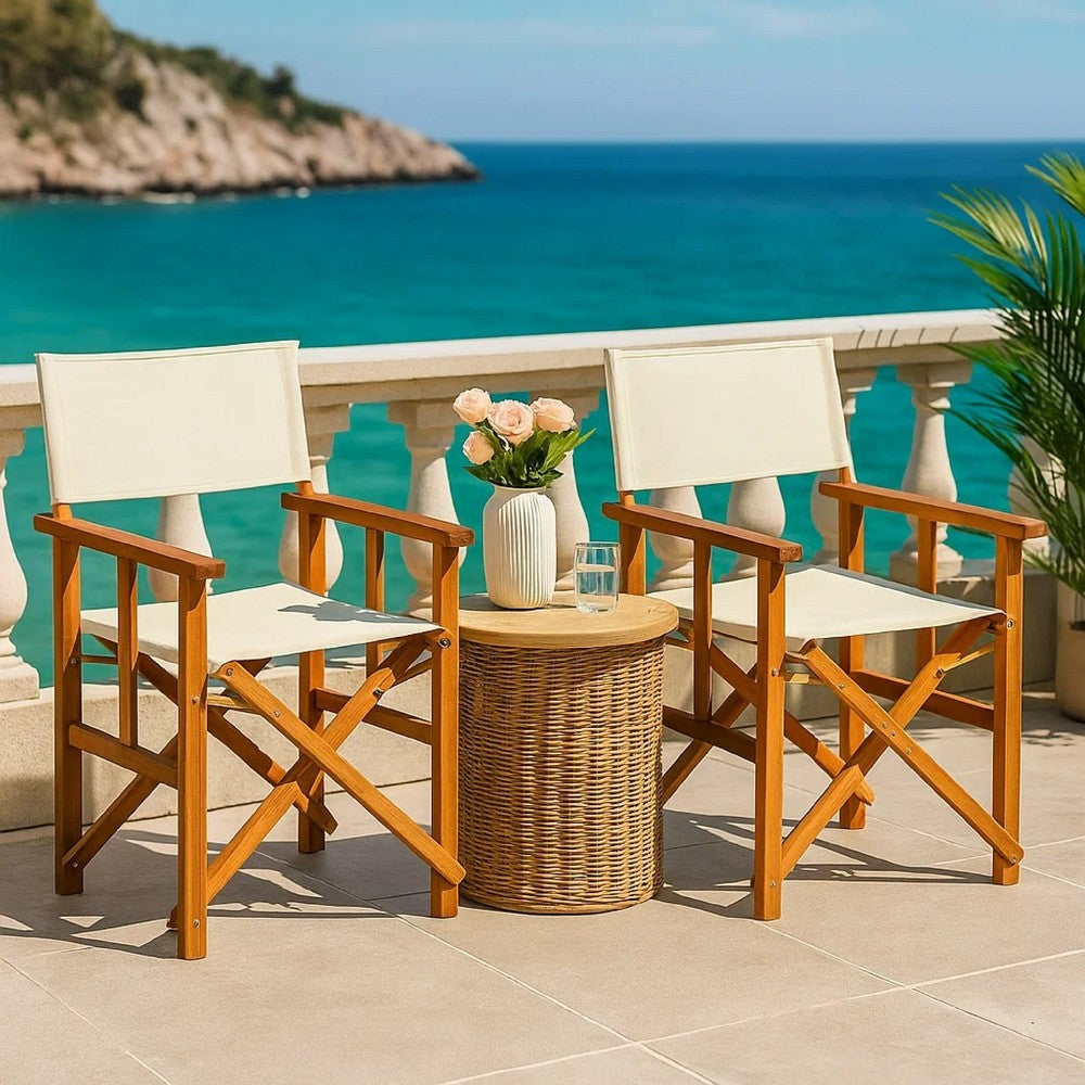 Outdoor Foldable Directors Chair Set of 2 | Brown Wood | Cream Fabric