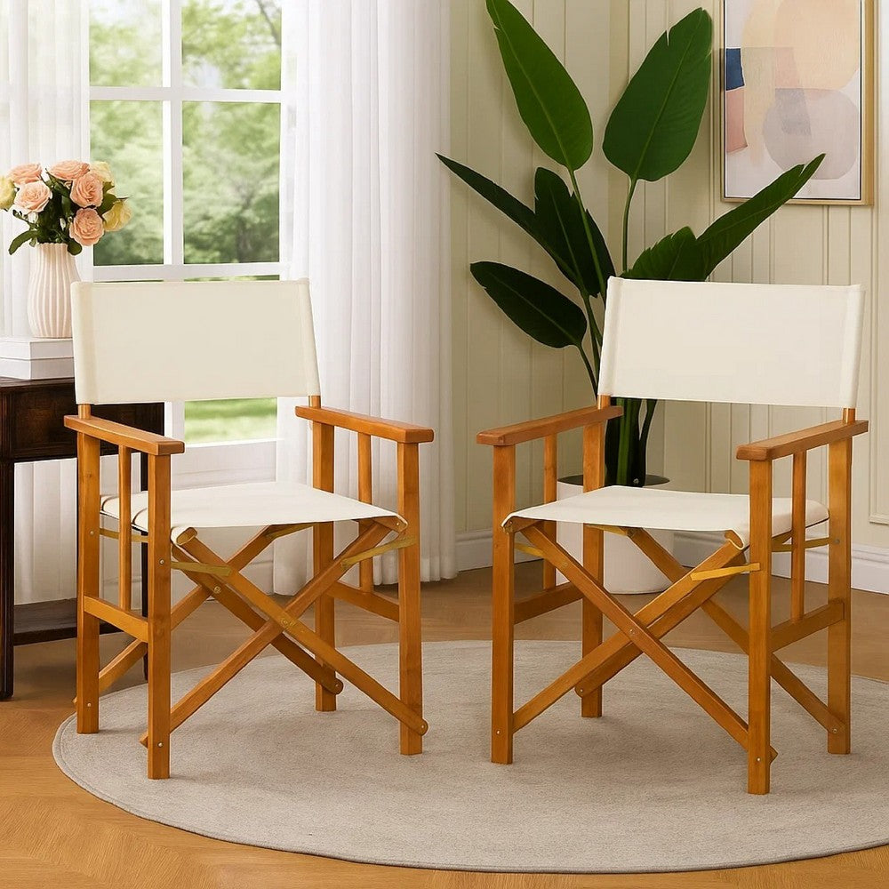 Outdoor Foldable Directors Chair Set of 2 | Brown Wood | Cream Fabric