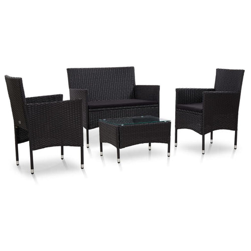 4pc Garden Sofa & Chair Set w Table | Black Poly Rattan