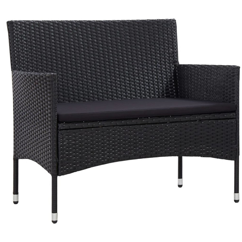 4pc Garden Sofa & Chair Set w Table | Black Poly Rattan