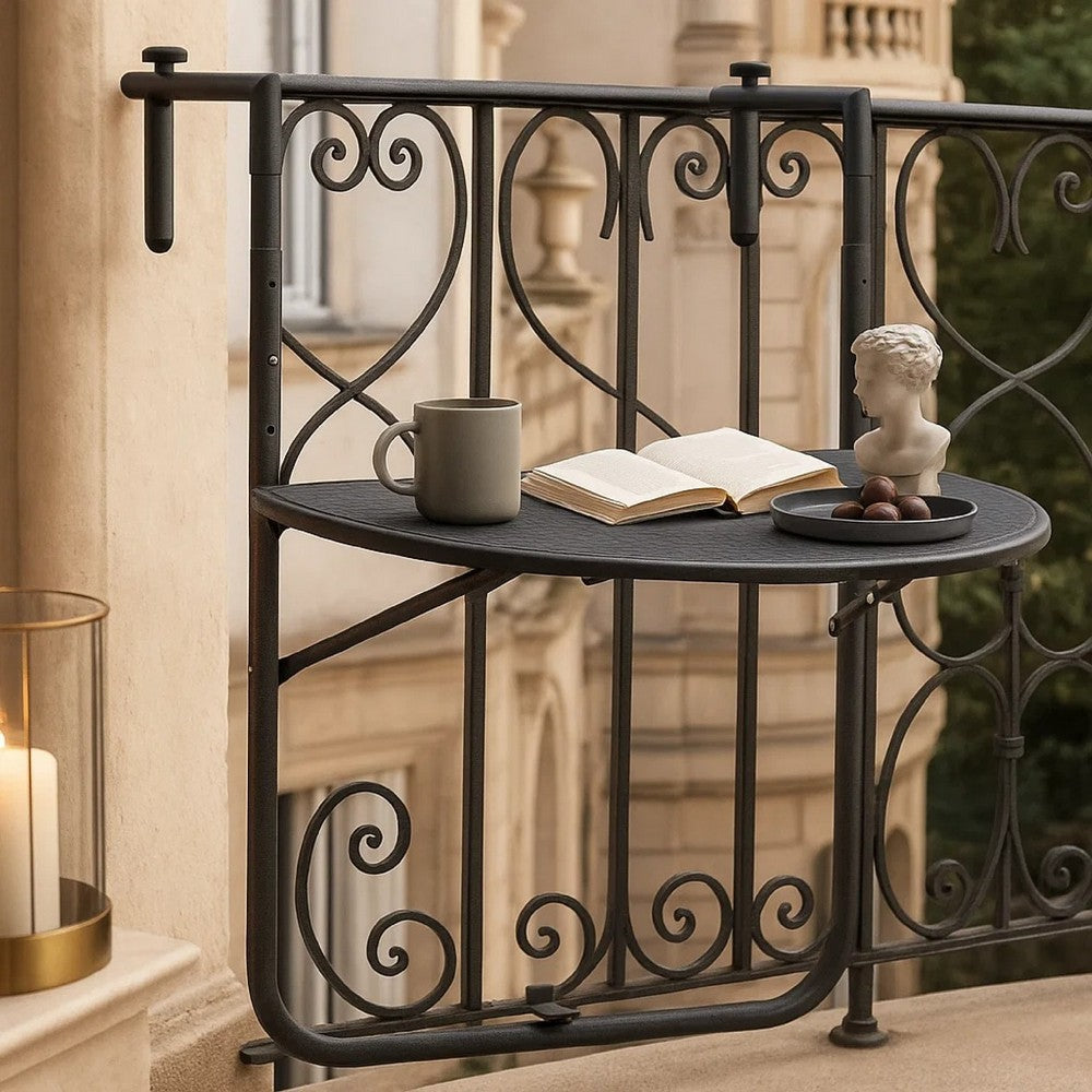 Ruby Foldable Hanging Balcony Table | Poly Rattan, Sturdy Matte Brown Frame
