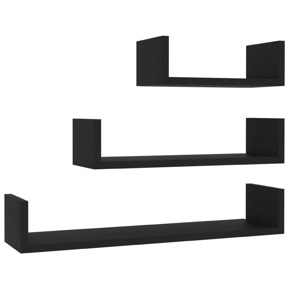 Erric Floating Wall Shelf Set of 3 | Black Faux Wood Frame | 12,18,24 Inch