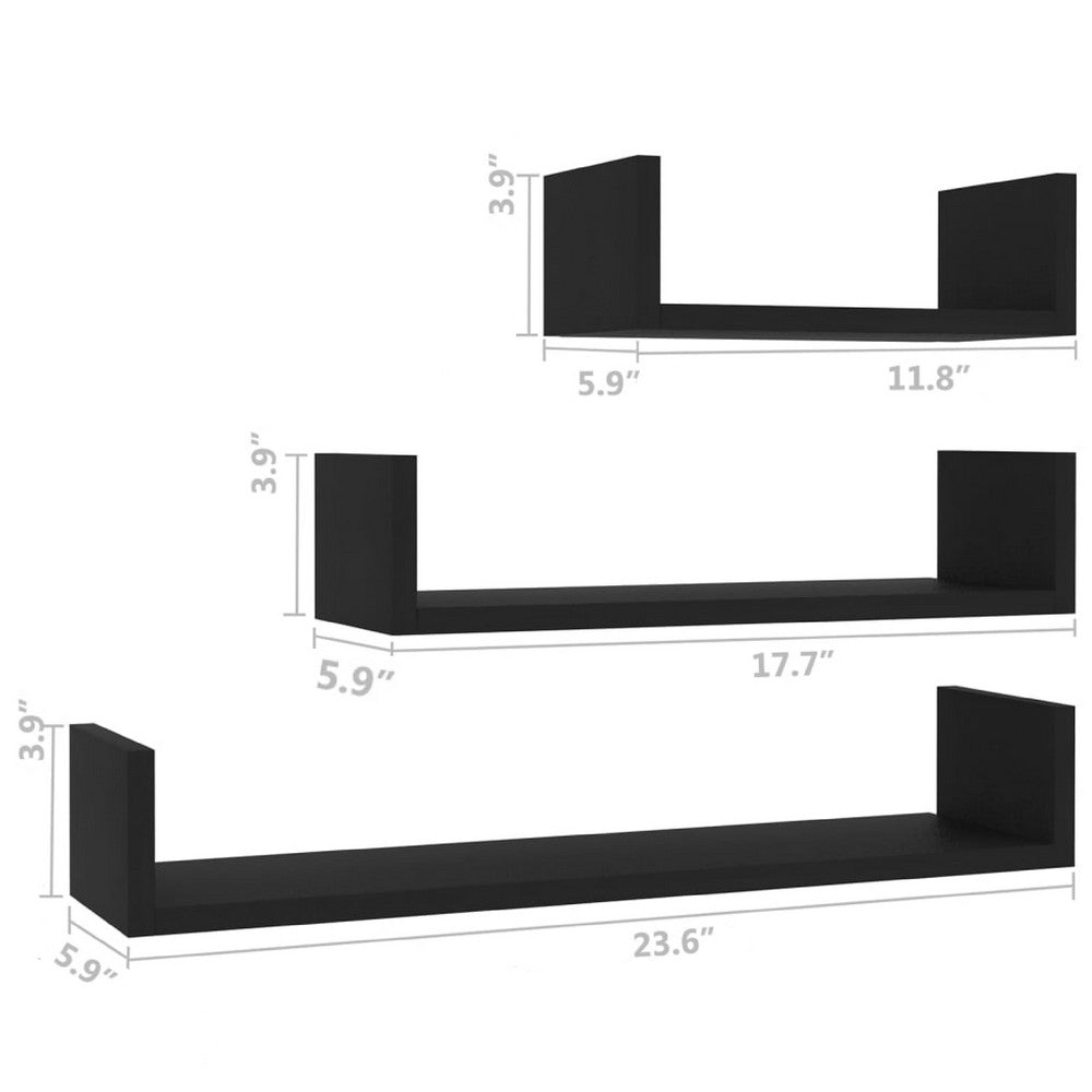 Erric Floating Wall Shelf Set of 3 | Black Faux Wood Frame | 12,18,24 Inch