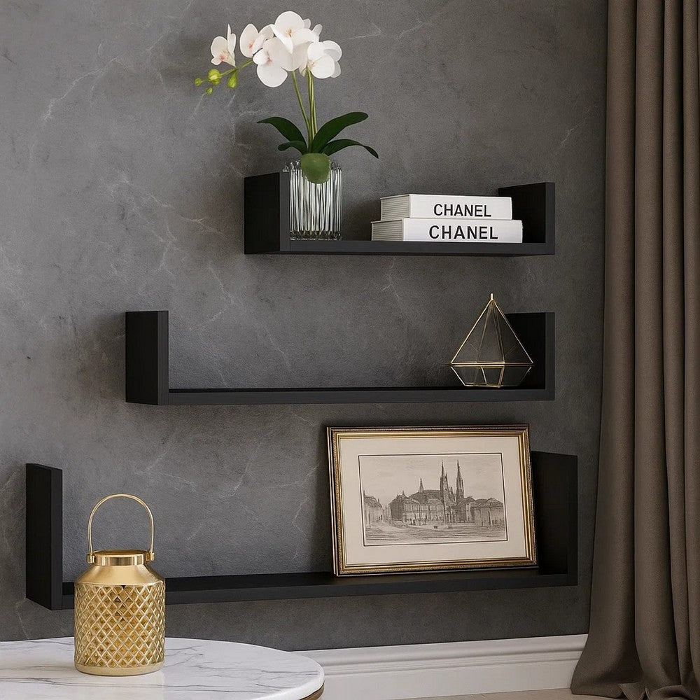 Erric Floating Wall Shelf Set of 3 | Black Faux Wood Frame | 12,18,24 Inch
